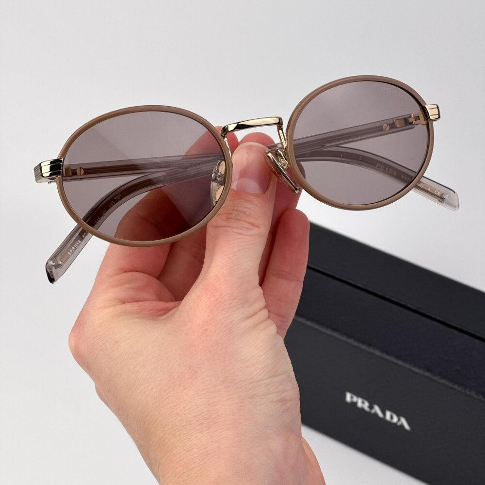 Prada PRB56S Oval Sunglasses – Pecan Frame Purple Brown Lenses | Model 24E20I